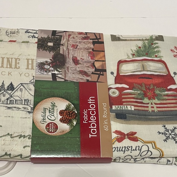 Holiday cottage collection red truck and tree 60” round table cloth - Picture 2 of 5